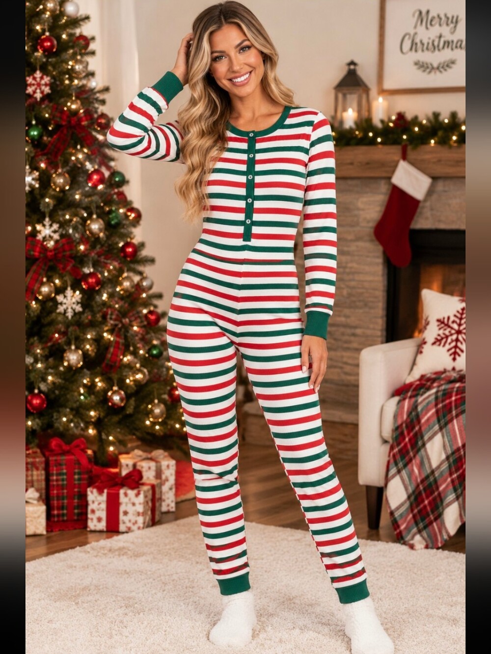 ๐
Women's OLD NAVY Printed One Piece Thermal Knit Pajamas SEASONAL STRIPE ๐